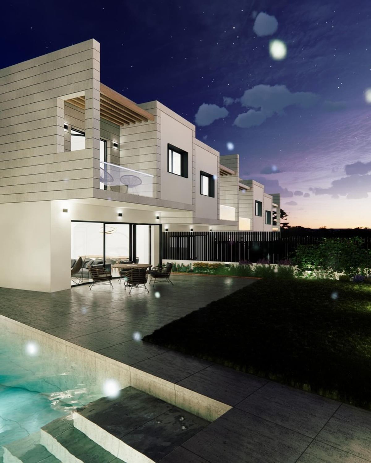 Imatge virtual dels habitatges unifamiliars amb piscina a l’Hospitalet de l’Infant, de nit